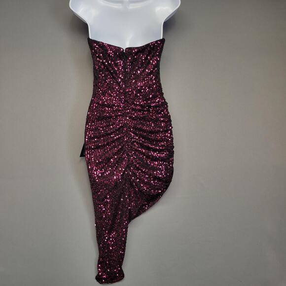 Lulus Dress Womens Medium Purple Sequin Strapless Asymmetrical Ruched Cocktail - Picture 7 of 16